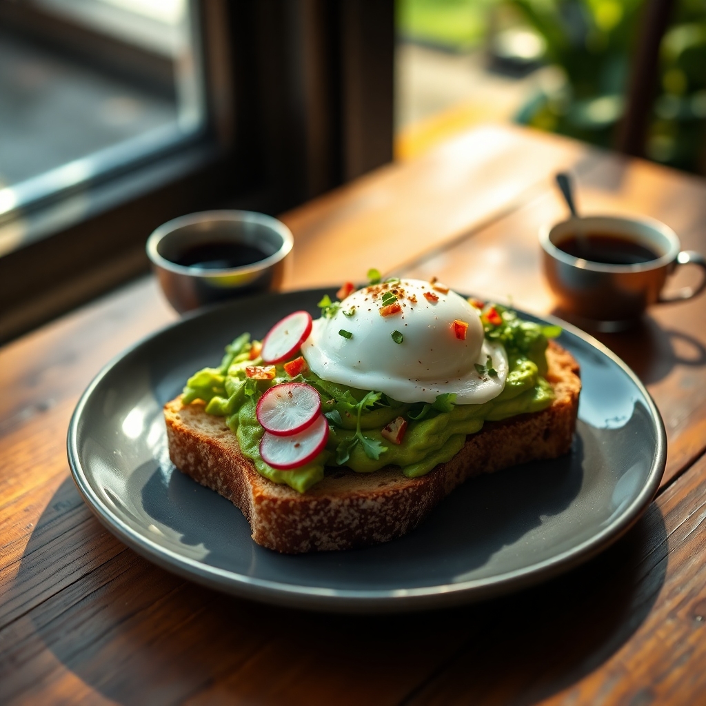 Avocado toast topped with poached egg, radishes, chili flakes, and microgreens on sourdough bread.