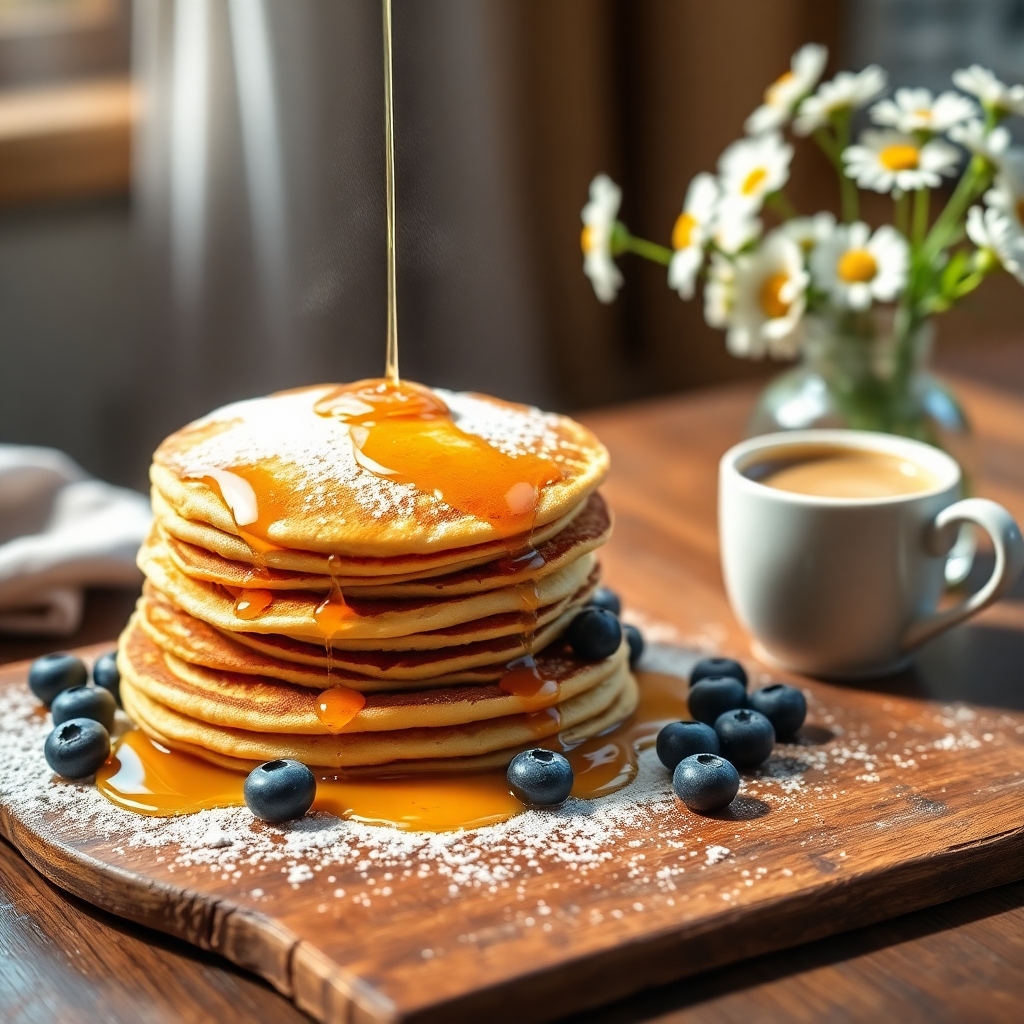 Fluffy pancakes stacked with syrup, fresh blueberries, and powdered sugar, served with cappuccino.