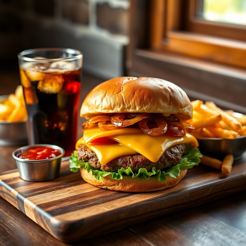 Juicy gourmet burger with cheddar cheese, caramelized onions, and crispy fries on a wooden board.