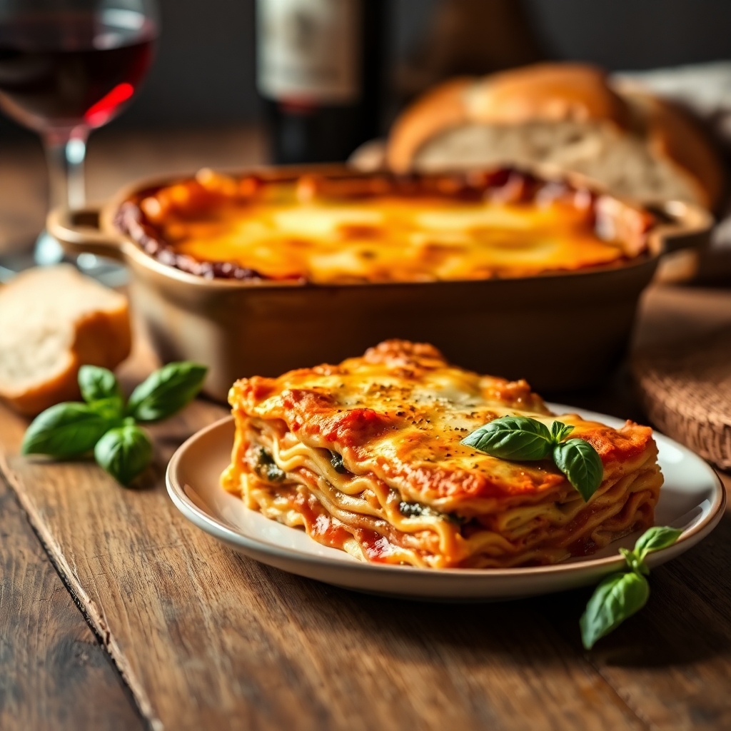 Freshly baked lasagna with golden-brown cheese, served with crusty bread and basil garnish.