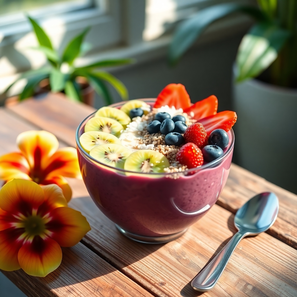 Vibrant smoothie bowl with acai, banana, kiwi, strawberries, blueberries, and chia seeds.