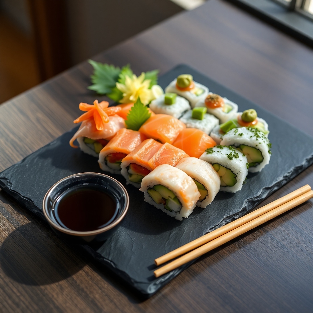 Sushi platter with tuna, salmon, and avocado rolls, garnished with wasabi and soy sauce.