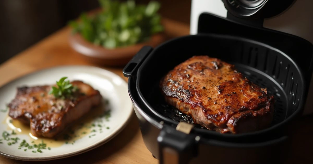 Juicy, perfectly cooked tri tip in an air fryer, sliced and ready to serve